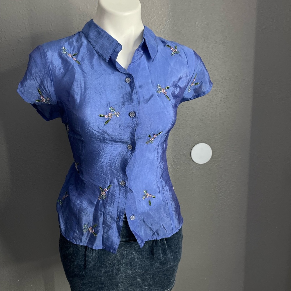 New York & Company Blue Floral Blouse